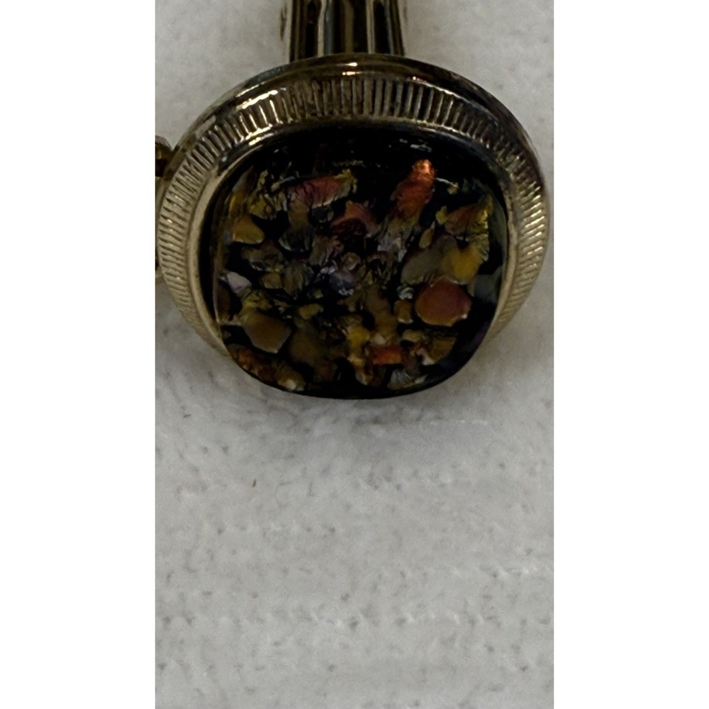 Gold Tone Oval Mosaic Inlay Cufflinks Brown Amber Stone Look Men's Formal‎